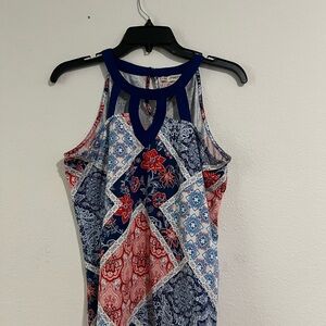 FLJ Studio Elegant Patchwork Halter Top - Navy and Coral, Size M